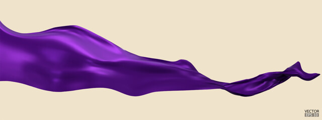 Flying purple silk textile fabric flag background. Smooth elegant purple Satin Isolated on beige Background for grand opening ceremony. Purple curtain. 3d vector illustration