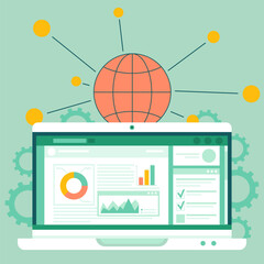 Poster - Financial accounting and work with statistic app with computer, software development. Business process diagram. Data analysis audit project management marketing research services to grow your business