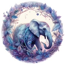 Baby Elephant Circular Clip Art - Blue Purple Flower And Leave Style In Circle Shape - Generative Ai Illustration 