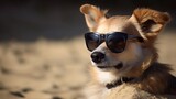 Fototapeta  - Puppy on Vacation: Embracing Summer Sun with Sunglasses and Sand. Generative AI