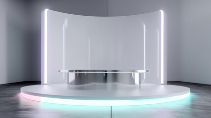 Wall Mural - 3D silver pedestal with a modern neon stand on a white background, ideal for use as an exhibition stage or product shelf