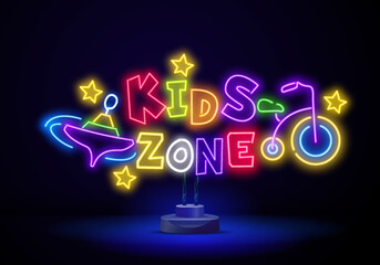 Wall Mural - Kids zone neon text with toy car. Amusement park and advertisement design. Night bright neon sign, colorful billboard, light banner. Vector illustration in neon style.