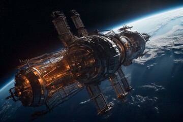 Large mining spaceship leaving Earth orbit, illustration. Generative AI