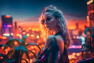 Stylish Woman Enjoying Rooftop Party on a Hot Summer Night with Neon Lights and Cityscape Background - Generative AI