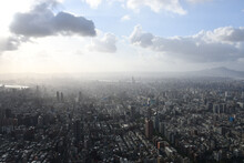 Aerial View Of A Beautiful City From The Roof Of Taipei 101 On A Cloudy Day In Taiwan