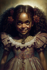 Wall Mural - Scary black horror doll girl in dress with creepy smile.