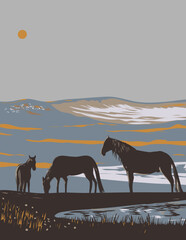 wpa poster art of horses at sable island reserve situated southeast of halifax, nova scotia in canad