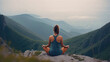© piai - Young woman meditating on the top of mountain. Generative AI