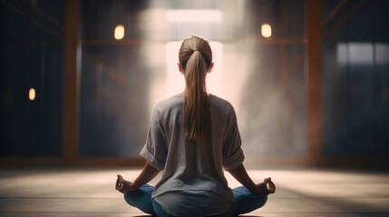 Poster - Young woman meditating. Generative AI