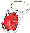 cartoon fat little halloween devil and speech bubble distressed sticker