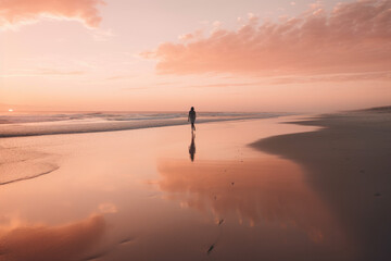 Wall Mural - Person walking along a deserted beach at sunset created with AI
