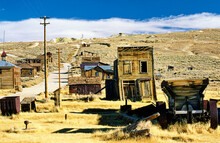 Bodie Gold Mining Ghost Town. Northern California, USA. Abandoned Deserted Wooden Buildings Of Main Street. Active 1876 To 1910s. State Historic Park