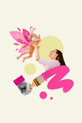 Poster - Photo collage of young mommy carry raise up newborn baby playing together maternity concept painting big brush drawing