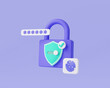 © Nostagrams - Padlock with shield protection with fingerprint and password. Data protection, private access icon, password security access, protection personal information. Security concept. 3d render illustration