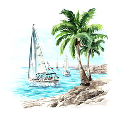 Wall Mural - Sailboat, sailing yacht on the waves near the tropical beach. Hand drawn watercolor illustration  isolated on white background