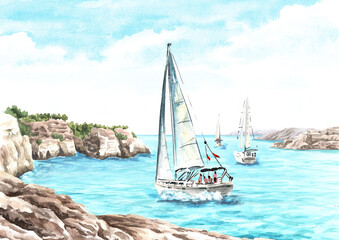 Wall Mural - Sailboat, sailing yacht on the waves near the sea cliff. Hand drawn watercolor illustration