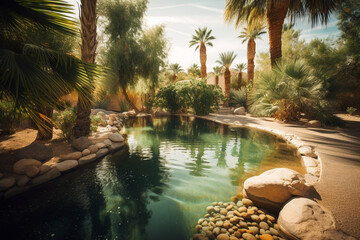 Wall Mural - summer time pool. beautiful desert landscaping, palm trees, generative ai 