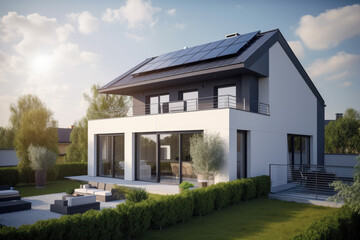 Wall Mural - Solar panels on roof of the modern house, photovoltaic green renewable energy powered home, ecology, nature harmony