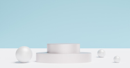 Poster - White pedestal podium with decor spheres balls. Showcase advertising product. 3d rendering
