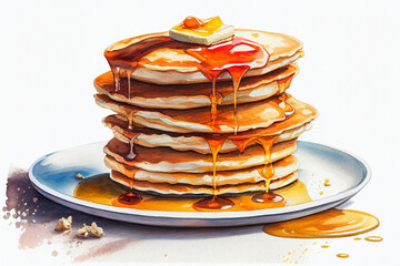 Wall Mural - Watercolour pancakes stack on plate AI generative illustration.