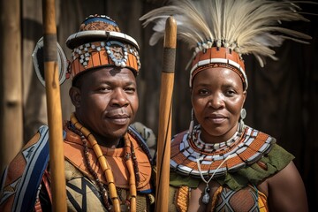 Zulu native couple with their traditional costumes and looking at camera. Generative AI