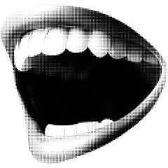 opened woman lips as retro halftone collage elements for mixed media design. mouth in scream in half