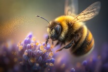 Golden Brown Bumblebee Covered In Pollen Created With Generative AI Technology
