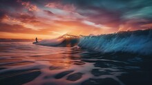 Lone Surfer Surfing On A Wave At Sunset