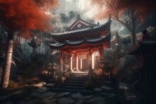 Fantasy Japanese Shrine With Windows View Torii Outside. 3d Render Anime Style Wallpaper. Generative AI