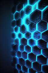Abstract background. Neon blue honeycombs. Vertical background. AI generative.
