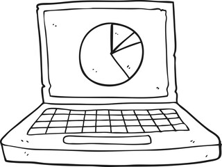 black and white cartoon laptop computer with pie chart