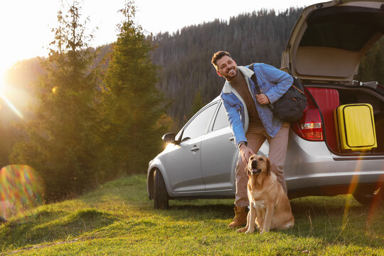Wall Mural - Happy man and adorable dog near car in mountains. Traveling with pet
