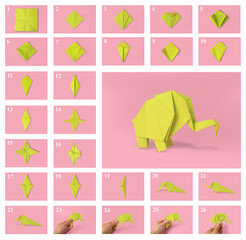 Sticker - Origami art. Making yellow paper elephant step by step, photo collage on pink background