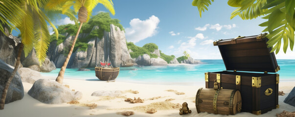 Tropical trees and an island beach with an unlocked pirate chest. Treasure of the Exotic Island. Generative AI