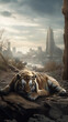 Post apocalyptic scenario with nature and animals that have repossessed the urbanized areas - Ai generative