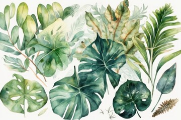  Tropical Plants Watercolor Isolated on White Background