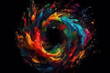 Abstract circle liquid motion flow explosion. Curved wave colorful pattern with paint drops on black background, Generative AI