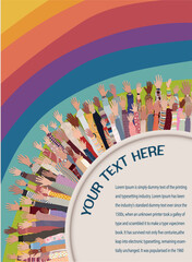 Sticker - Multicultural volunteer people with hands raised. Support and assistance. NGO. Aid. Solidarity charity and donation. Give and help. Non-profit. People diversity. Poster banner template