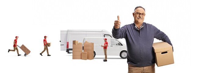 Wall Mural - Satisfied male customer with a cardboard box gesturing thumbs up at a delivery company