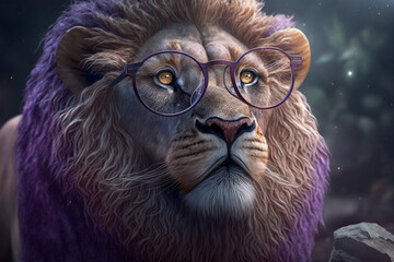 purple lion with glasses. Illustrator AI Generative