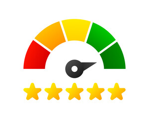 Poster - Speedometer, gauge meter icon with stars. Level of performance. Green and red, low and high. Infographic of risk, gauge, score. Vector illustration.