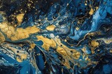 Fototapeta Do pokoju - Ink indigo navy blue Gold and blue marbling abstract background, Generative AI.