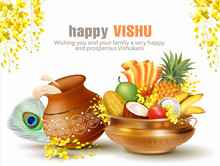 Greeting Background With Traditional Vessel Uruli, Dahi Handi (pot With Cream) And Konna Flowers (cassia Fistula) For South Indian New Year Festival Vishu (Vishukani). Vector.