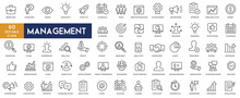 Management Icons Set Vector Illustration Thin Line With Editable Stroke On White Background. Managing, Creativity, Startup, Web Optimization, Achievement, Money, Goal, Search, Growth Icons Collection.