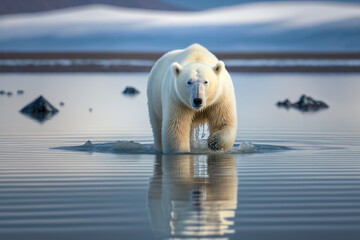 Wall Mural - a polar bear in the wild by the water. generative ai