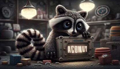 Wall Mural - Exclusive toy raccoon mechanic. Made from yarn and lurex. Toy, decorative gift for children. Character in children's books and stories. Created with AI.