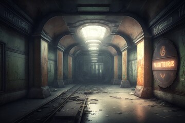 Poster - Generative AI of an old abandoned building with a tunnel and lights.