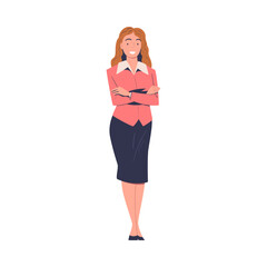 Wall Mural - Cheerful business woman dressed in business style clothes. Beautiful woman in skirt and jacket cartoon vector illustration