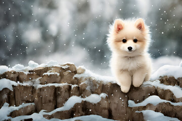 Illustration of a cute dog on a snowy day. Created with Generative AI technology.