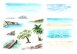 Sea cliff, Coastal rocks, tropical beach elements set. Hand drawn watercolor illustration and background